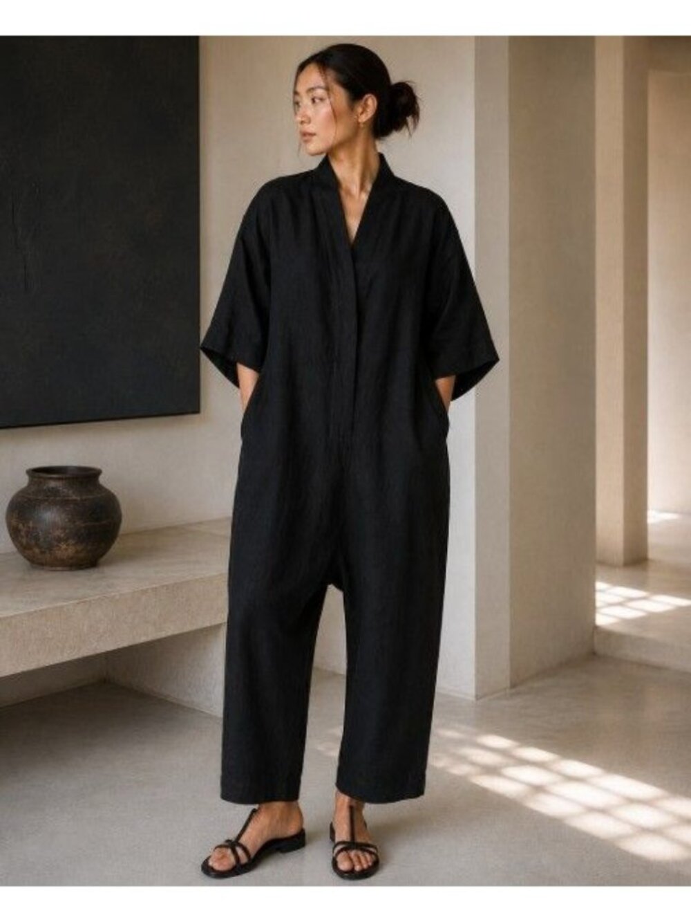 OFFON Linen Jumpsuit Oversized Drop Crotch Lagenlook Minimalist Quiet Luxury